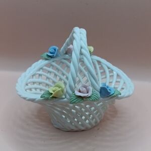 Woven White Ceramic Basket with Pastel Flowers